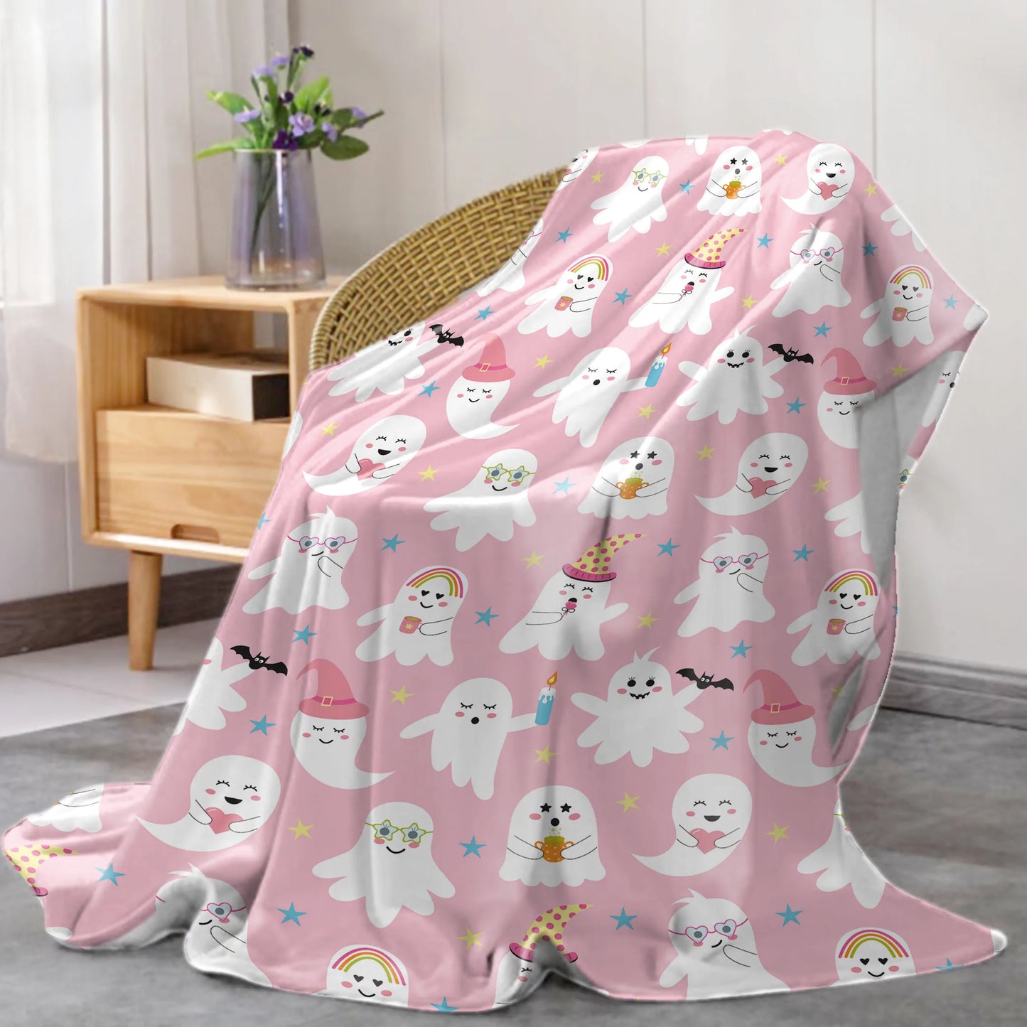 Halloween Throw Blanket - Pastel Pink Background with Cute Ghosts