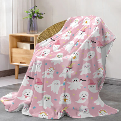 Halloween Throw Blanket - Pastel Pink Background with Cute Ghosts