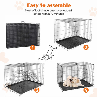 Double Door Folding Wire Dog Cage Plastic Leak-Proof Tray for Indoor Outdoor, Travel