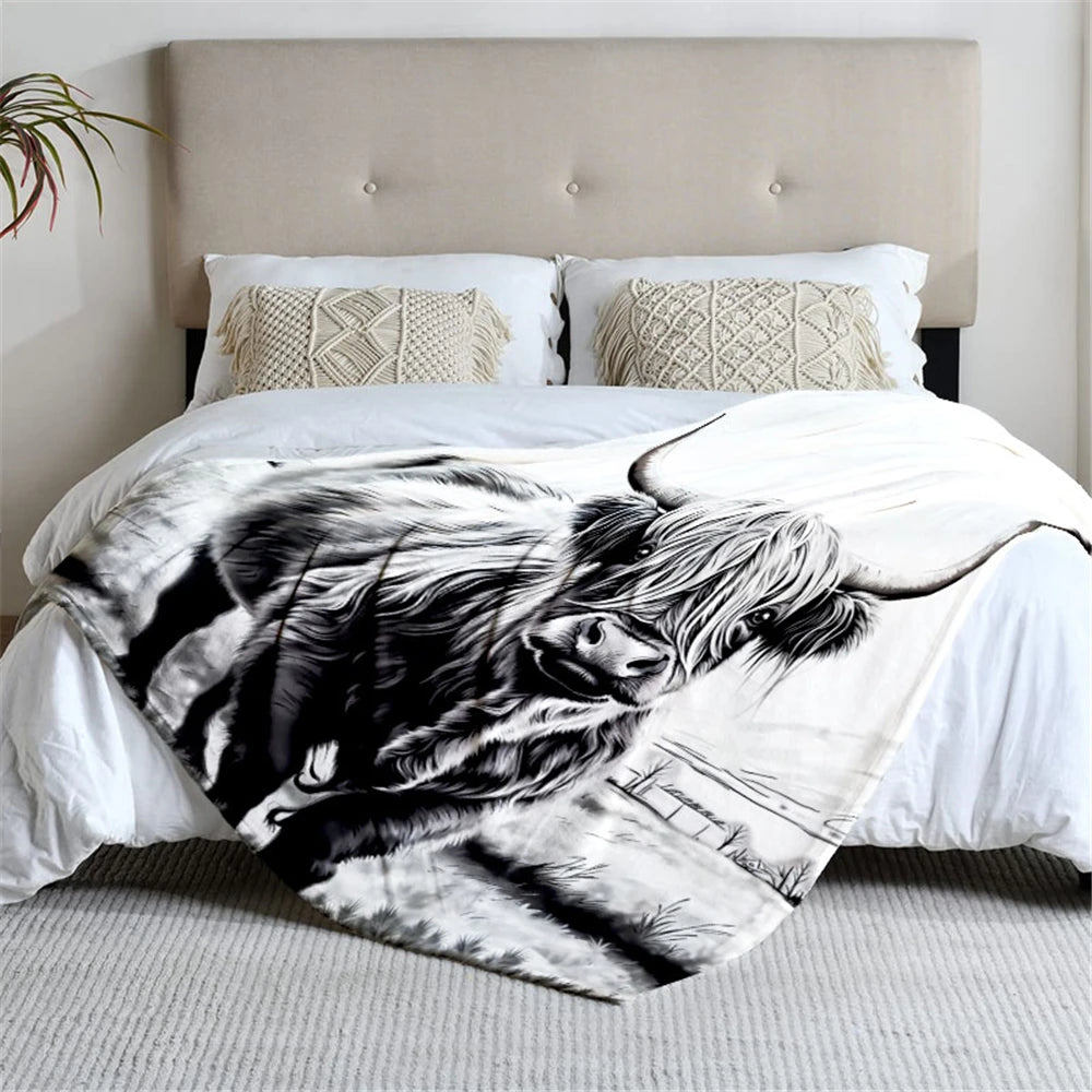 Highland cow flannel blanket, soft, suitable for sofa, bed, office, all-season use.