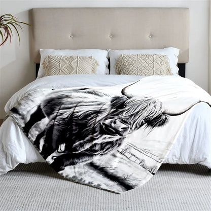 Highland cow flannel blanket, soft, suitable for sofa, bed, office, all-season use.