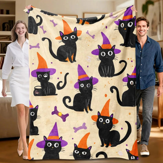Halloween-themed Black Cat Purple Hat flannel blanket