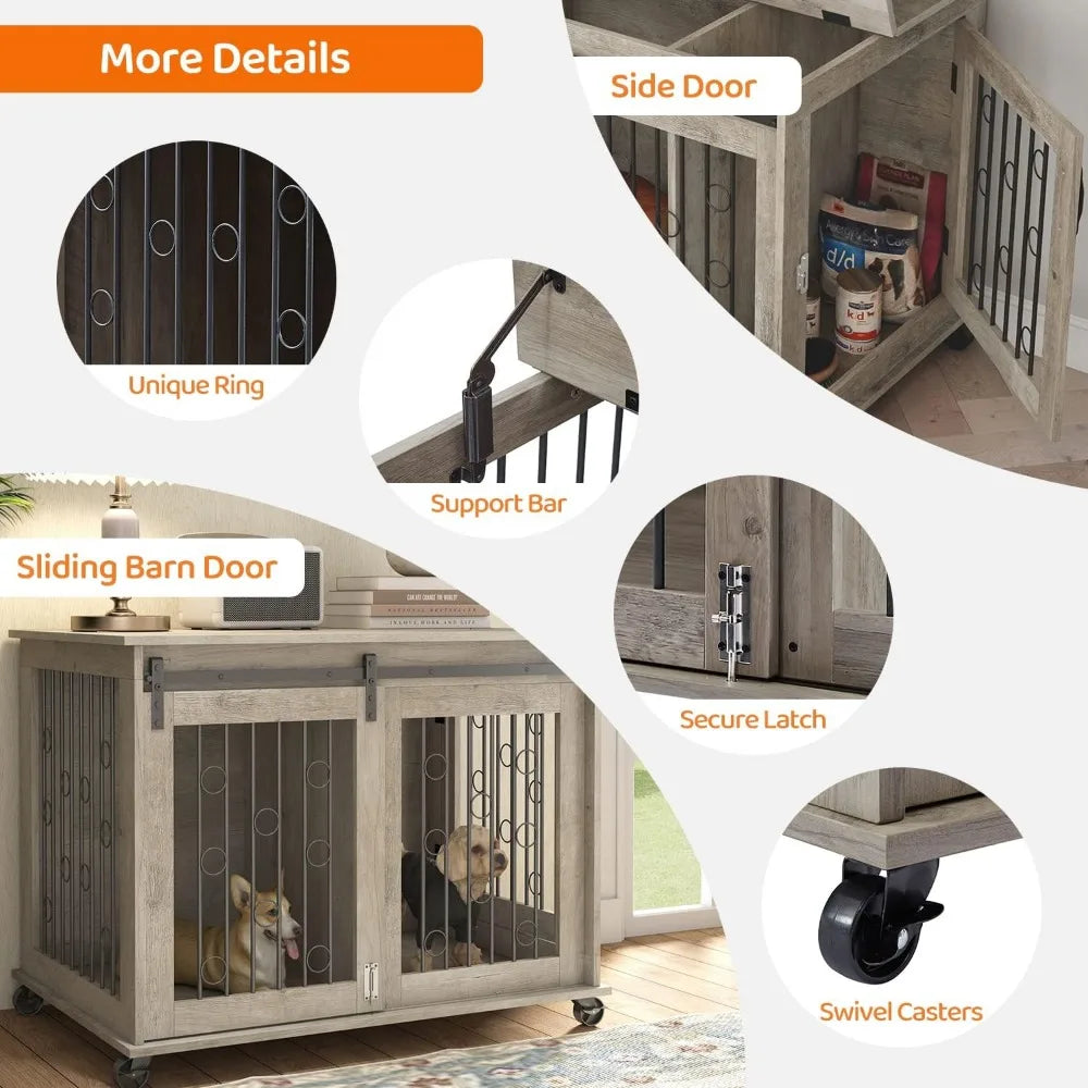 Dog Kennel with Sliding Barn Door, 39" End Table with Wheels