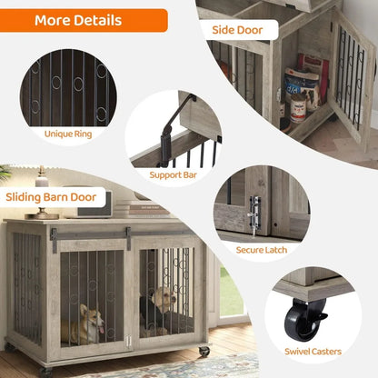 Dog Kennel with Sliding Barn Door, 39" End Table with Wheels