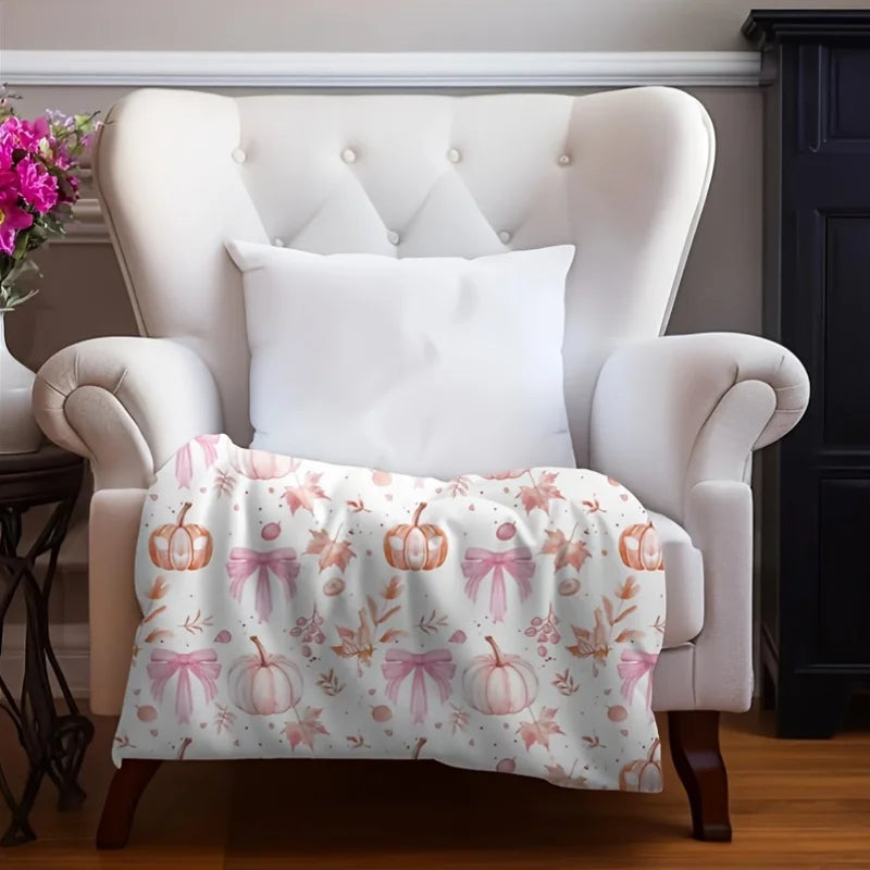 Cozy Pink Pumpkin & Leaf Flannel Plush Blanket