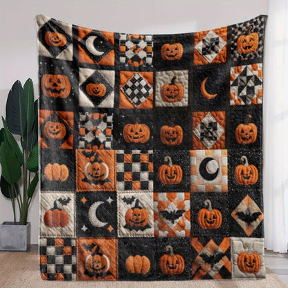 Halloween Plaid Pumpkin Moon Print Blanket - Warm, Soft & Cozy Throw
