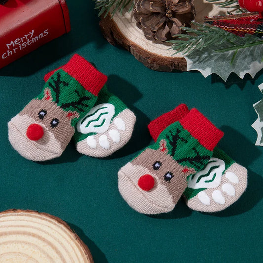 4Pcs Pet Christmas Non-Slip Socks Small Dog Cat Festival Themed Knitting Paw Protector Indoor Floor Woven Pet Supplies