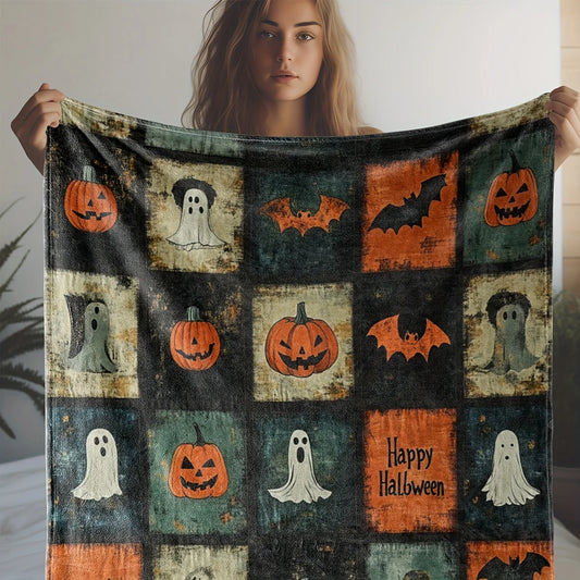 Vintage Halloween Flannel Throw Blanket - Cozy & Soft with Pumpkins and Bat Motifs,