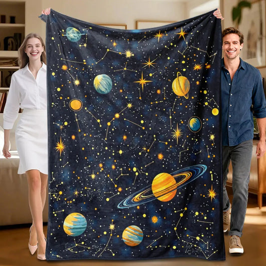 Space-themed navy blue flannel blanket, soft, all-season use.