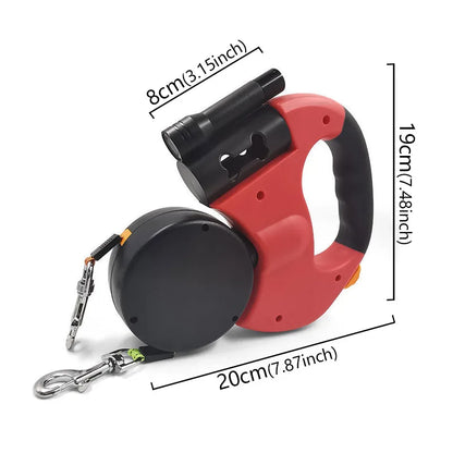 3 in1 Double Head Automatic retractable Dog leash, Flashlight, Poop Bag Dispenser