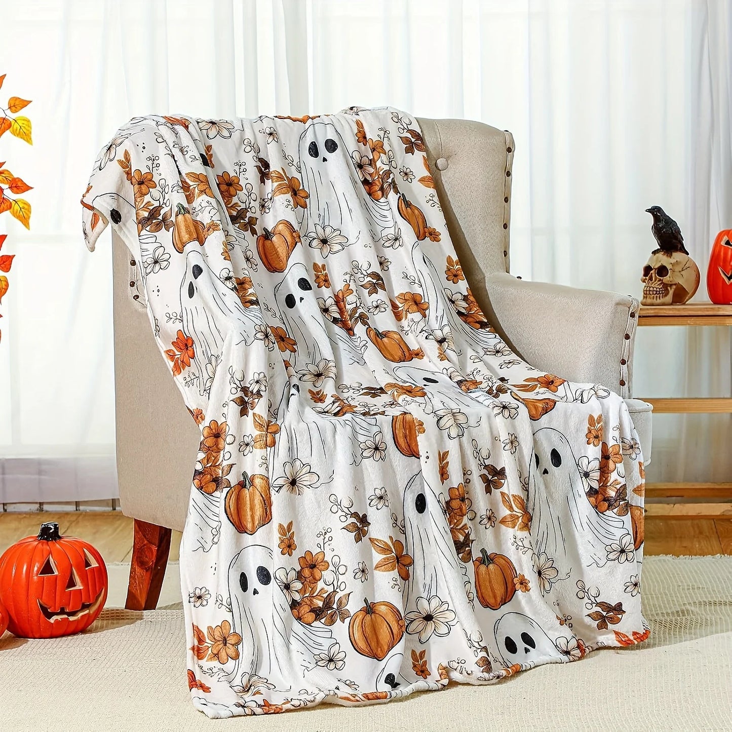 Spooky Halloween Pumpkin & Ghosts Patchwork Throw Blanket