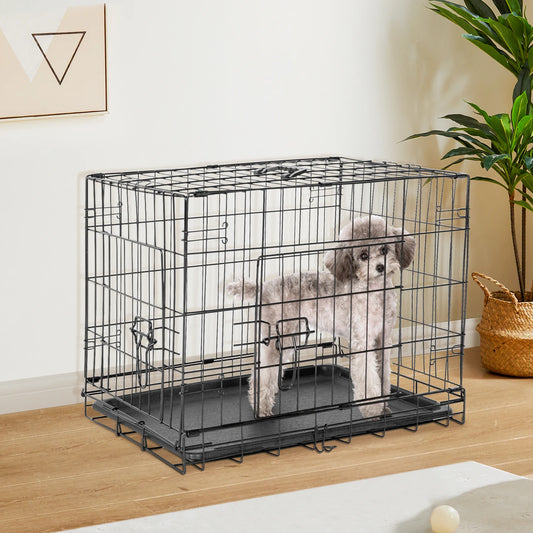 Double Door Folding Wire Dog Cage Plastic Leak-Proof Tray for Indoor Outdoor, Travel