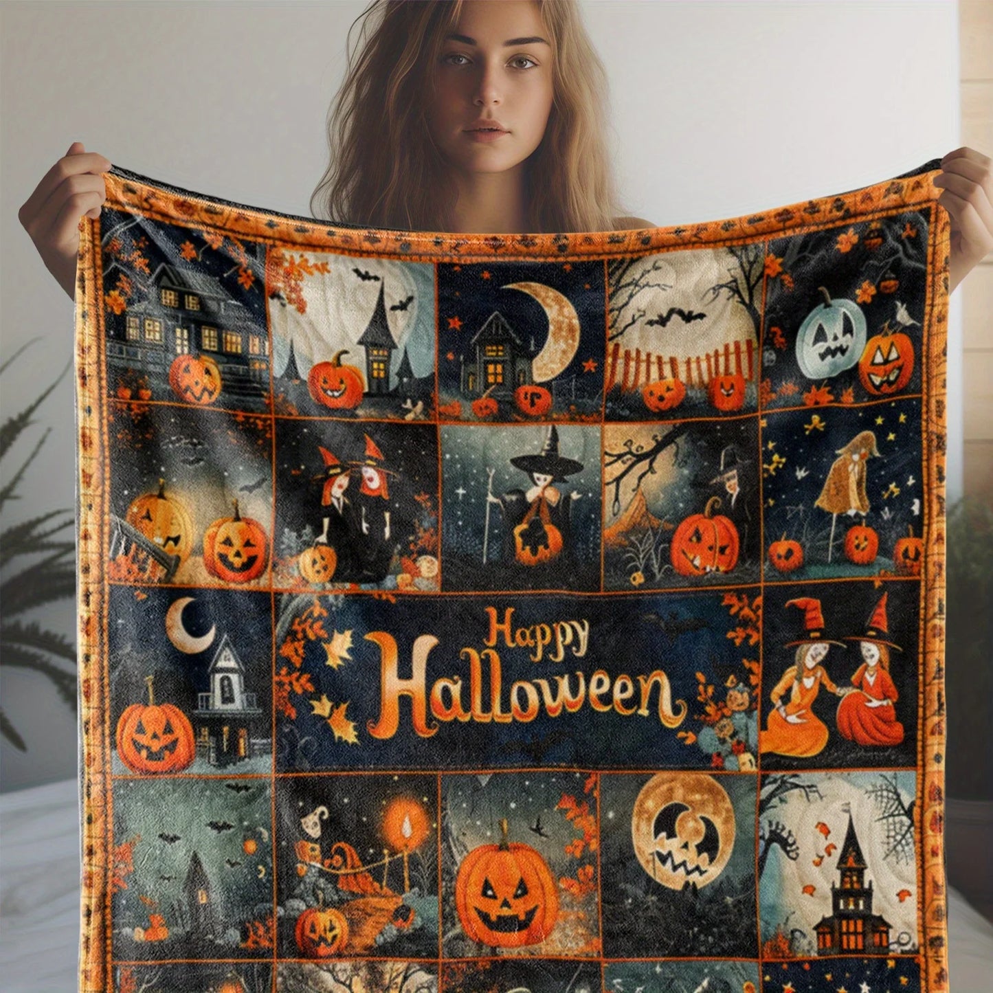 Soft Flannel Halloween Throw Blanket Witch And Moon Design, Digital Print