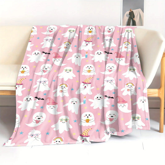 Halloween Throw Blanket - Pastel Pink Background with Cute Ghosts