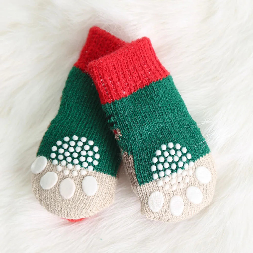 4Pcs Pet Christmas Non-Slip Socks Small Dog Cat Festival Themed Knitting Paw Protector Indoor Floor Woven Pet Supplies