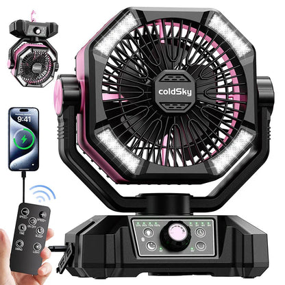 Indoor/Outdoor Battery Fan with 4 LED Lantern 8 Speeds