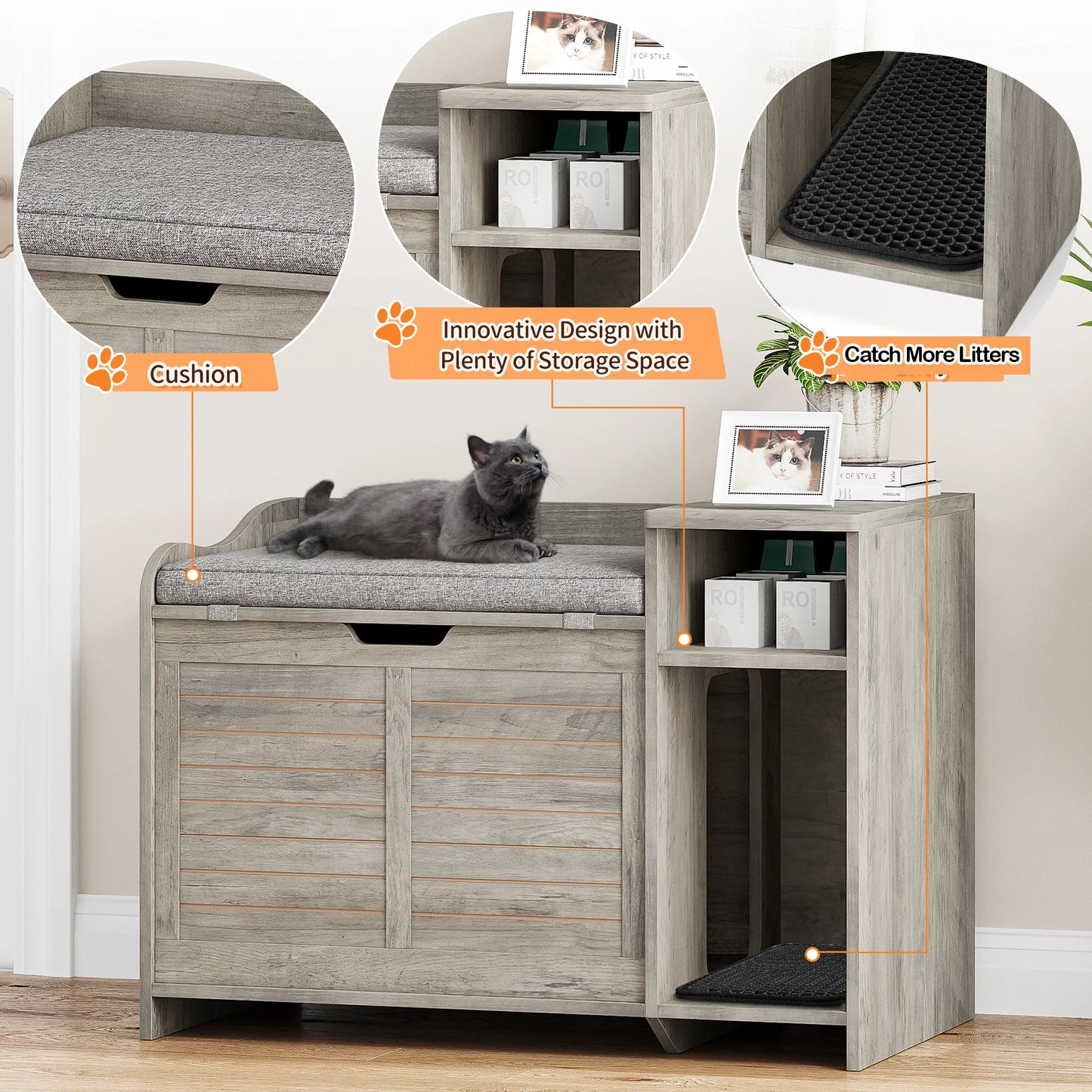 Wood Litter Box Enclosure Crate with Cat Scratch Pad