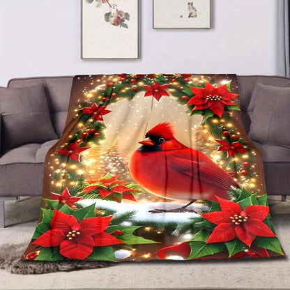 Christmas Tree & Red Bird Print, All-Season Cozy Polyester Blanket