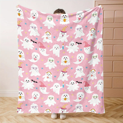 Halloween Throw Blanket - Pastel Pink Background with Cute Ghosts