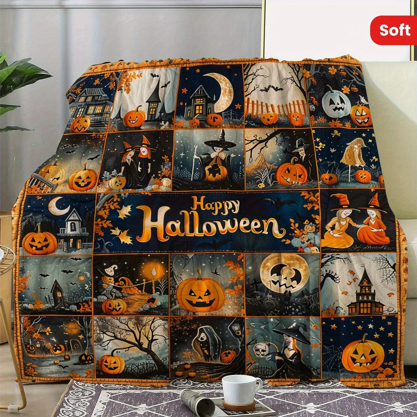 Soft Flannel Halloween Throw Blanket Witch And Moon Design, Digital Print