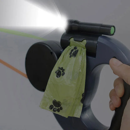 3 in1 Double Head Automatic retractable Dog leash, Flashlight, Poop Bag Dispenser