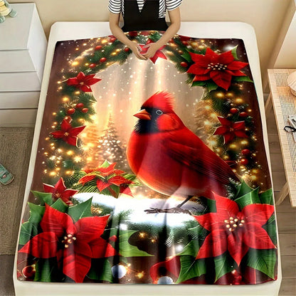Christmas Tree & Red Bird Print, All-Season Cozy Polyester Blanket