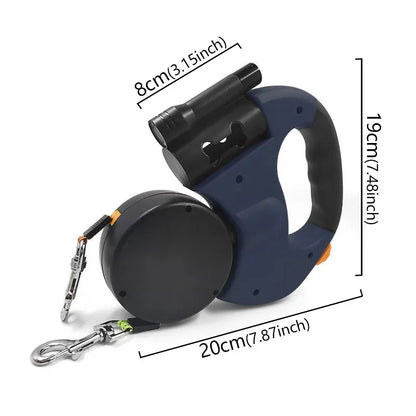 3 in1 Double Head Automatic retractable Dog leash, Flashlight, Poop Bag Dispenser