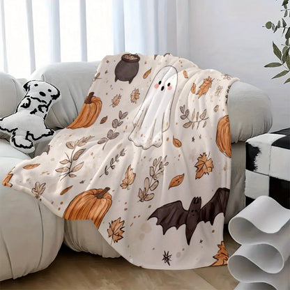 Ghosts, Pumpkins, Bats & Autumn Leaves - Soft Lightweight Flannel for Couch, Bed, Living Room
