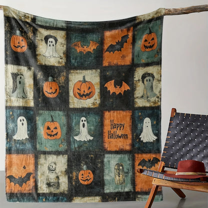 Vintage Halloween Flannel Throw Blanket - Cozy & Soft with Pumpkins and Bat Motifs,