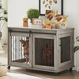 Dog Kennel with Sliding Barn Door, 39" End Table with Wheels