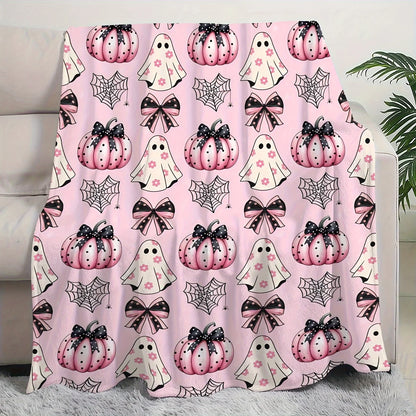Cozy Pink Halloween Pumpkin Blanket Spooky Pumpkin Spider Web Designs Tear Resistant Machine Washable