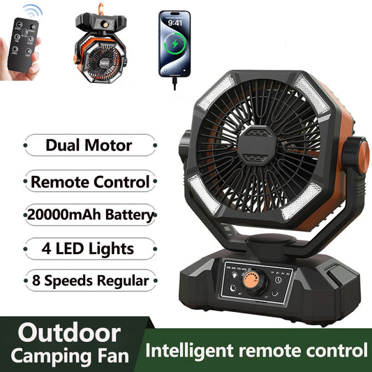 Indoor/Outdoor Battery Fan with 4 LED Lantern 8 Speeds