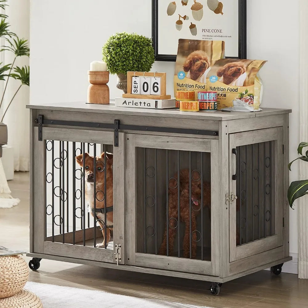 Dog Kennel with Sliding Barn Door, 39" End Table with Wheels