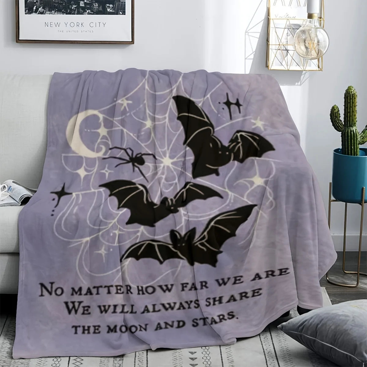Halloween Bat Print Flannel Blanket - Machine Washable, All-Season Knit Polyester Cover, Versatile