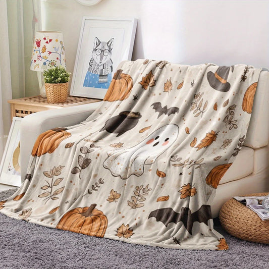 Ghosts, Pumpkins, Bats & Autumn Leaves - Soft Lightweight Flannel for Couch, Bed, Living Room
