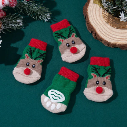 4Pcs Pet Christmas Non-Slip Socks Small Dog Cat Festival Themed Knitting Paw Protector Indoor Floor Woven Pet Supplies