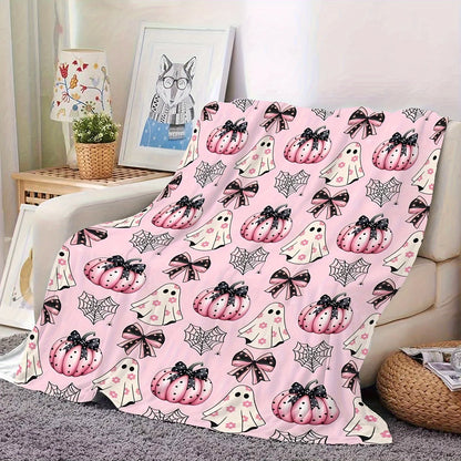 Cozy Pink Halloween Pumpkin Blanket Spooky Pumpkin Spider Web Designs Tear Resistant Machine Washable