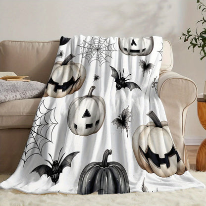 Halloween Flannel Fleece Throw Blanket with Pumpkin, Bat, and Spider Web Design