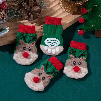 4Pcs Pet Christmas Non-Slip Socks Small Dog Cat Festival Themed Knitting Paw Protector Indoor Floor Woven Pet Supplies