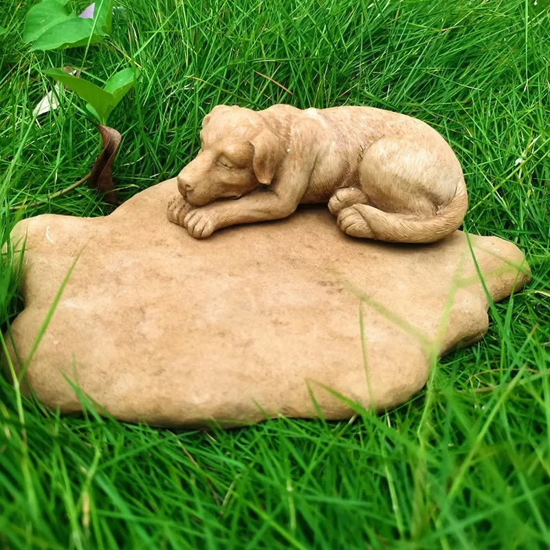 Pet Memorial Rock Sculpture with Cute Dog Bed Design