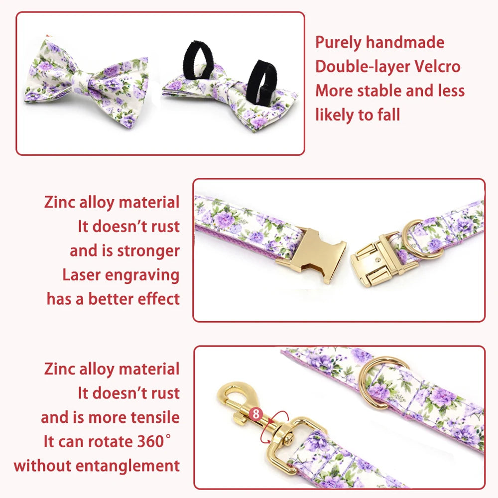 Custom Name Engraved Peony Floral Collars for Dogs & Cats