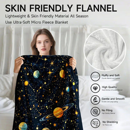 Space-themed navy blue flannel blanket, soft, all-season use.
