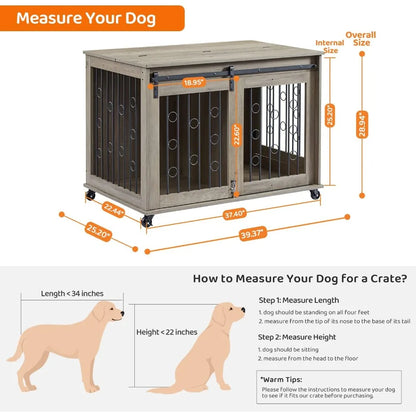 Dog Kennel with Sliding Barn Door, 39" End Table with Wheels