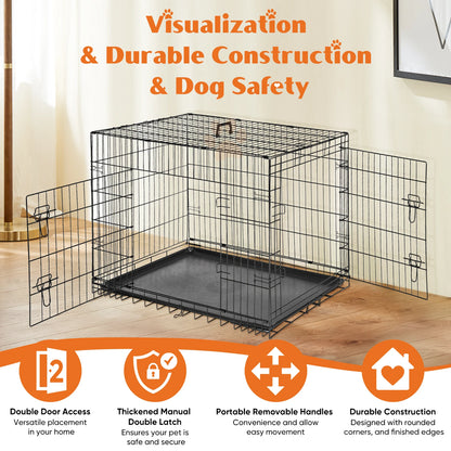 Double Door Folding Wire Dog Cage Plastic Leak-Proof Tray for Indoor Outdoor, Travel