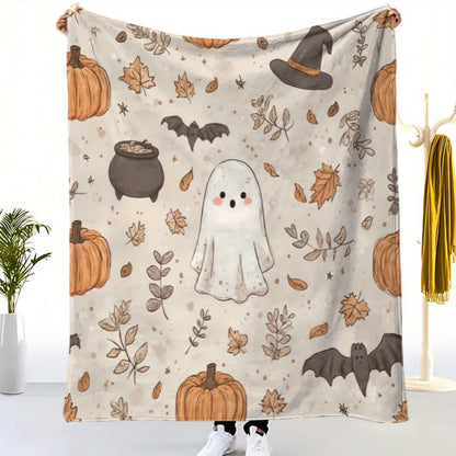 Ghosts, Pumpkins, Bats & Autumn Leaves - Soft Lightweight Flannel for Couch, Bed, Living Room