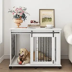 Dog Kennel with Sliding Barn Door, 39" End Table with Wheels