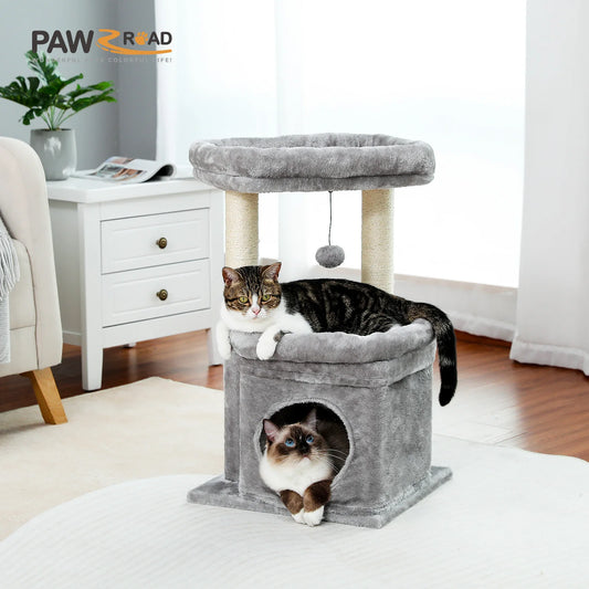 Cozy Condo Cat Tree Tower, Wide Top Perch, Natural Sisal Posts, Playful Pom-Pom