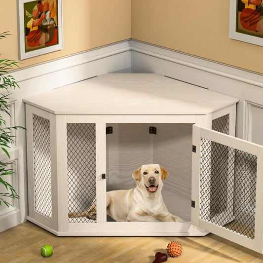 52" Corner Wooden Dog Kennel End Table with Mesh