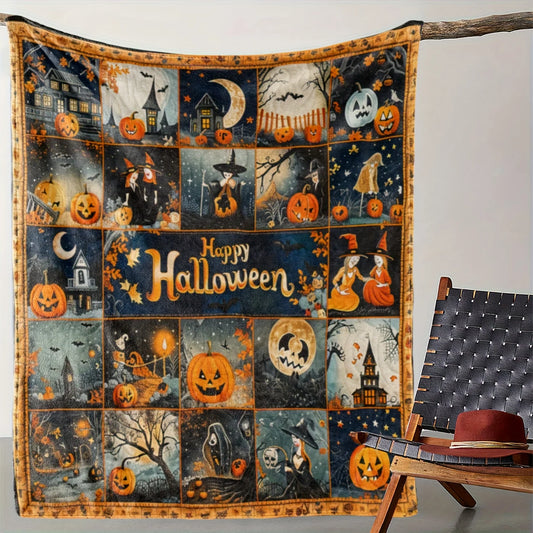 Soft Flannel Halloween Throw Blanket Witch And Moon Design, Digital Print