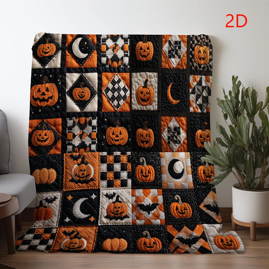 Halloween Plaid Pumpkin Moon Print Blanket - Warm, Soft & Cozy Throw
